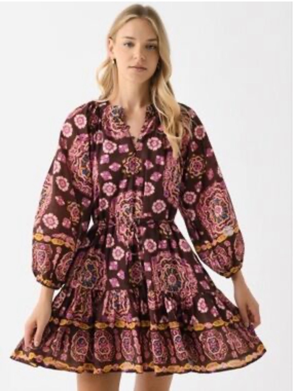 Cleobella Elvia Mini Dress Size Small Brown Cotton Boho Peasant Puff Sleeves